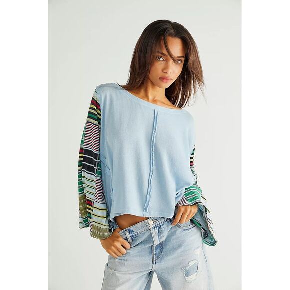 We The Free Maxwell Blue hippie Thermal Tee Long Bell Statement Sleeves Sz Large - Picture 1 of 14